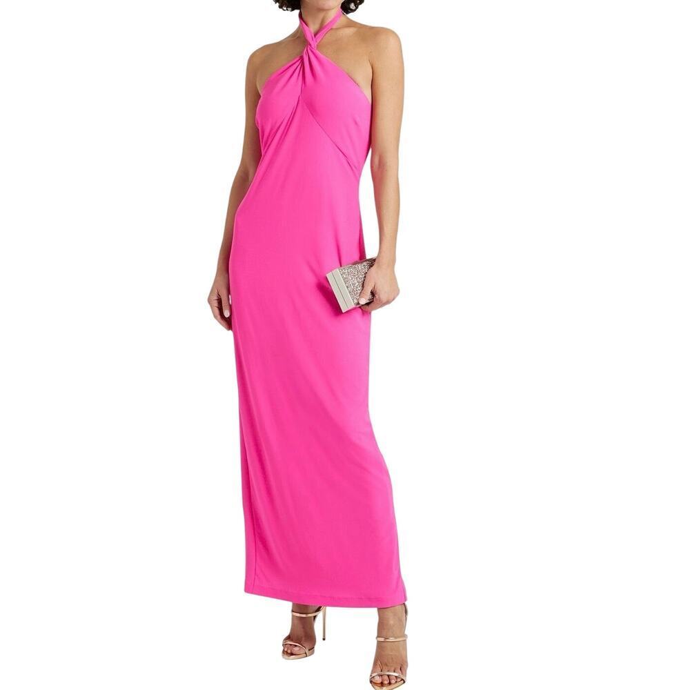 ONE33 SOCIAL Pin Twist Stretch-Crepe Halterneck Halter Gown Dress Pink Barbie 2